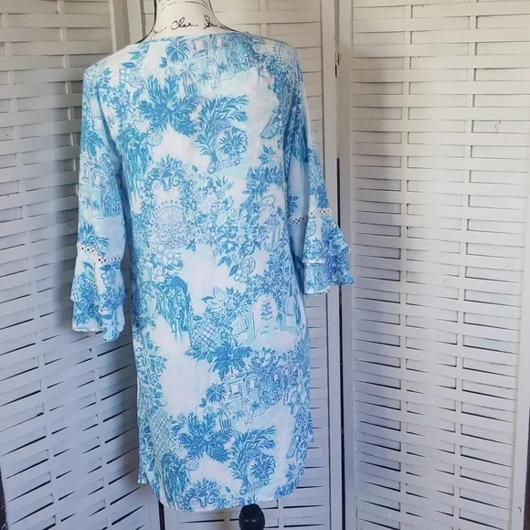 Lilly Pulitzer Azita blue and white 3/4 bell embroidery sleeves tunic dress M - Picture 4 of 6